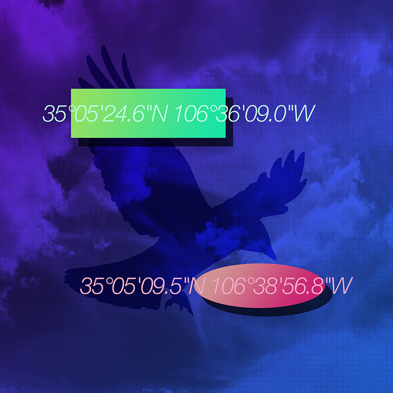 Image of a green rectangle and a red oval superimposed with GPS coordinates on a blue background